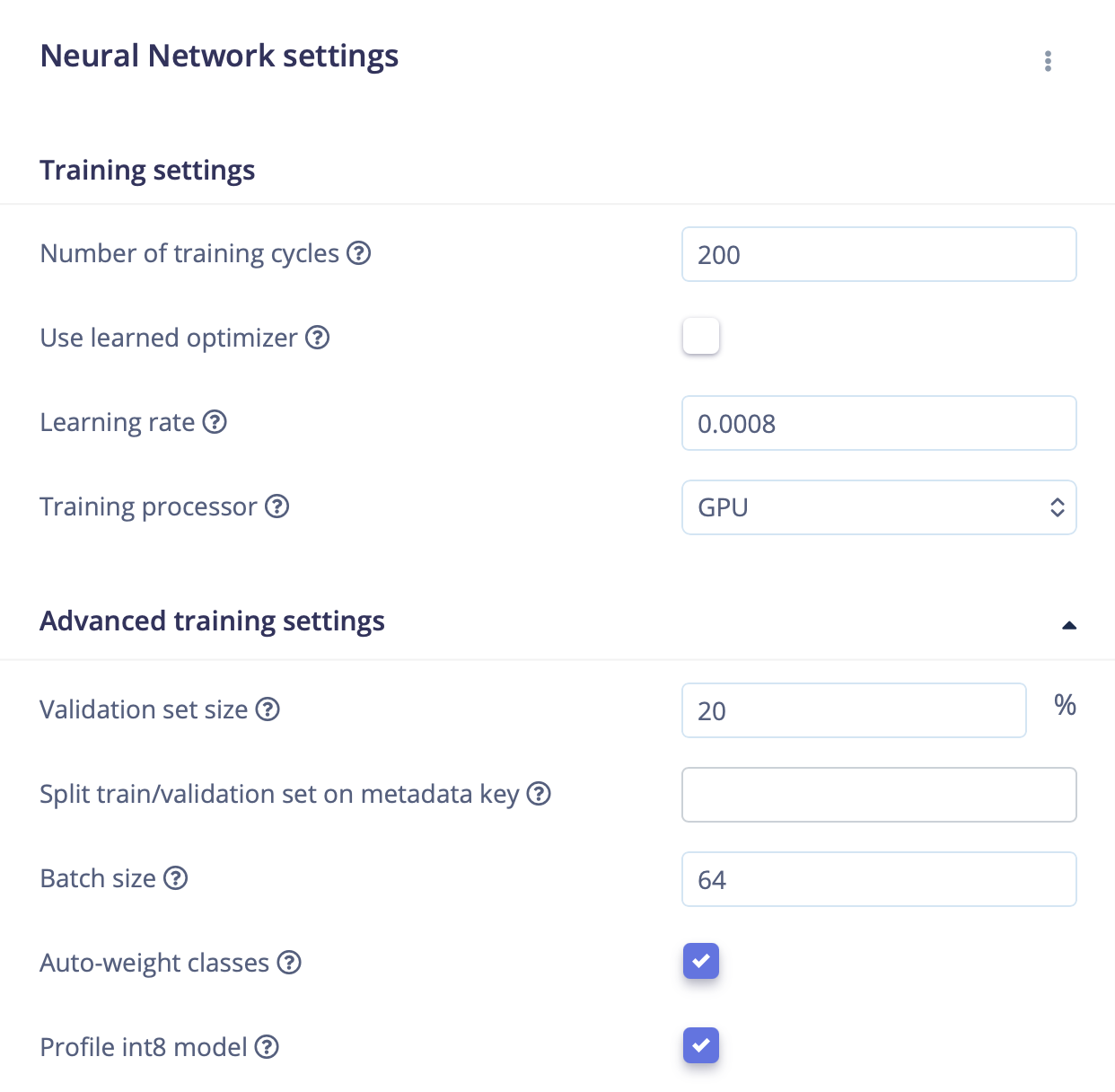 Edge Impulse Neural Network settings