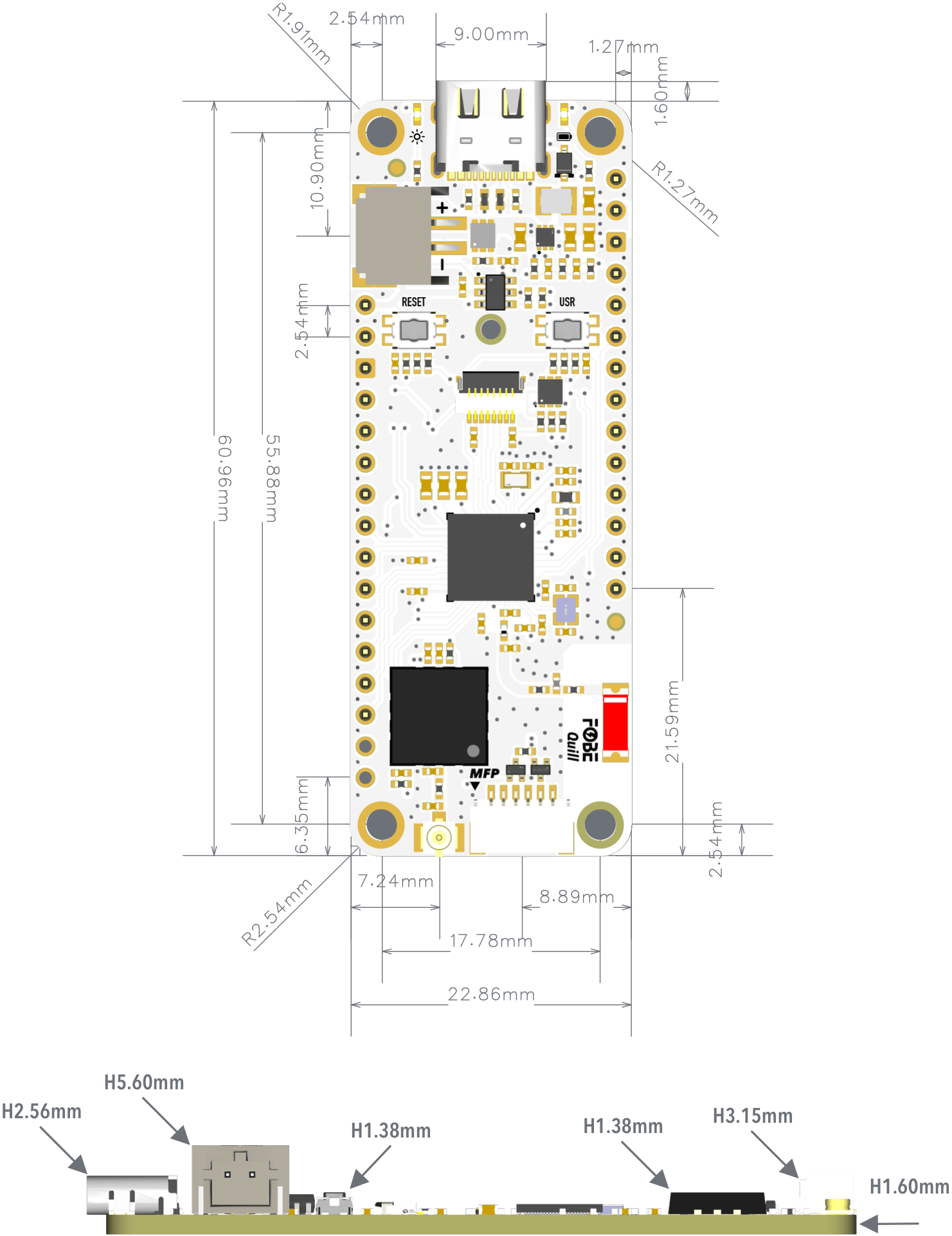 FoBE Quill nRF52840 Mesh Mechanical Dimensions