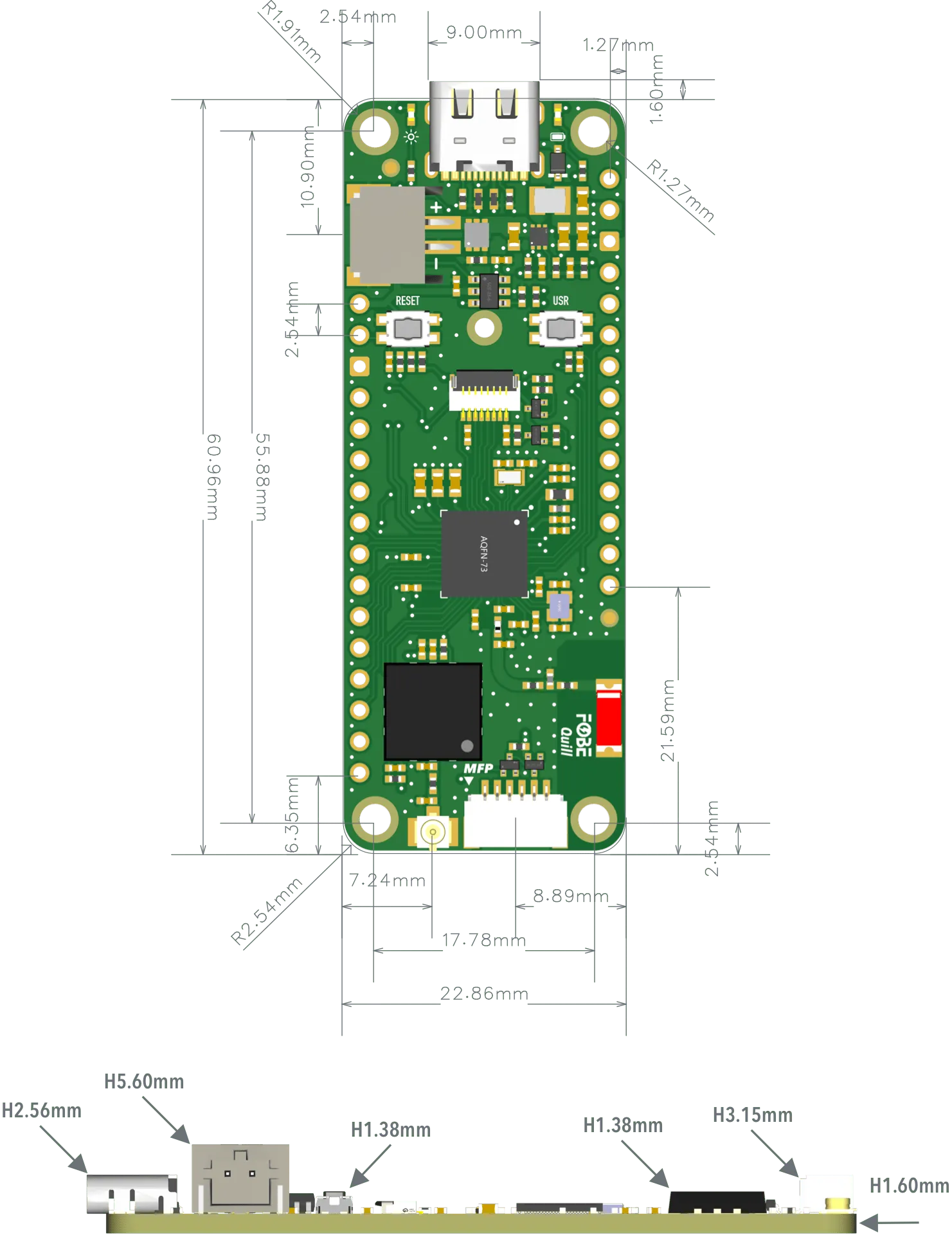 FoBE Quill nRF52840 Mesh Mechanical Dimensions