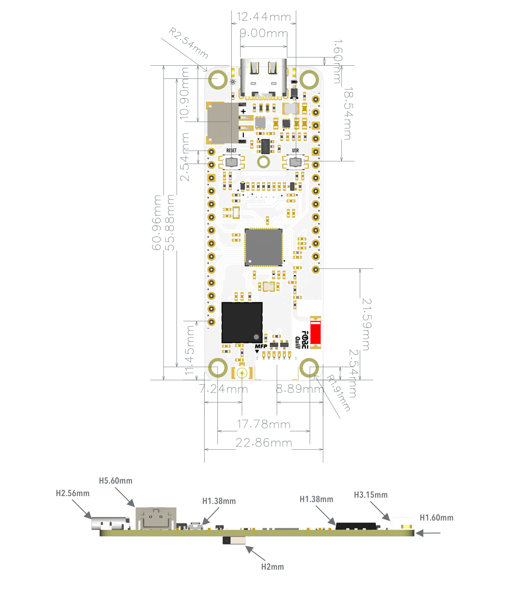 FoBE Quill ESP32-S3 Mesh Mechanical Dimensions