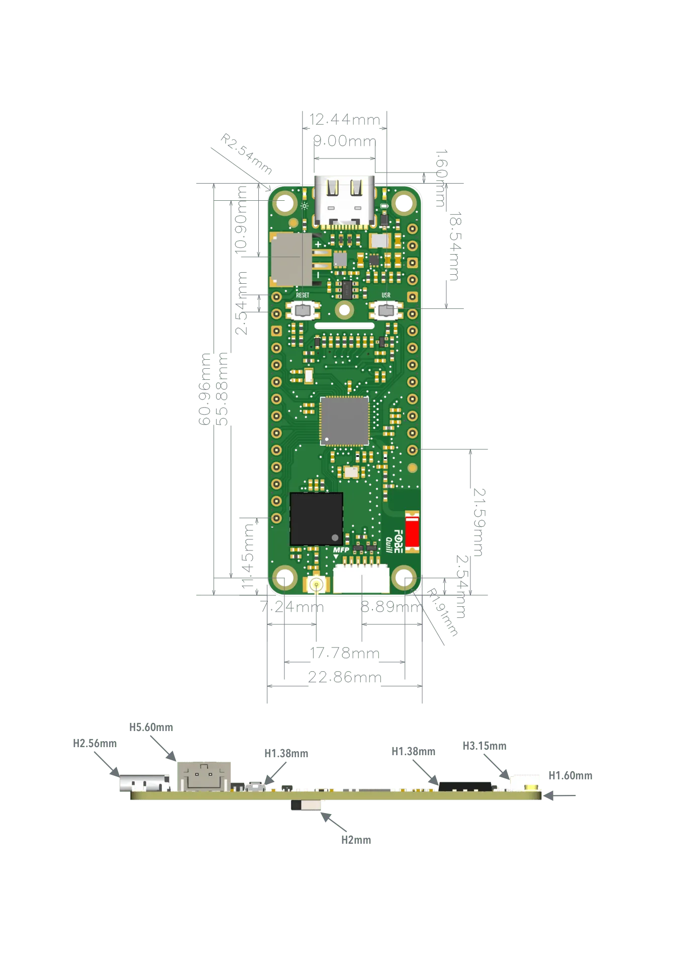 FoBE Quill ESP32S3 Mesh Mechanical Dimensions