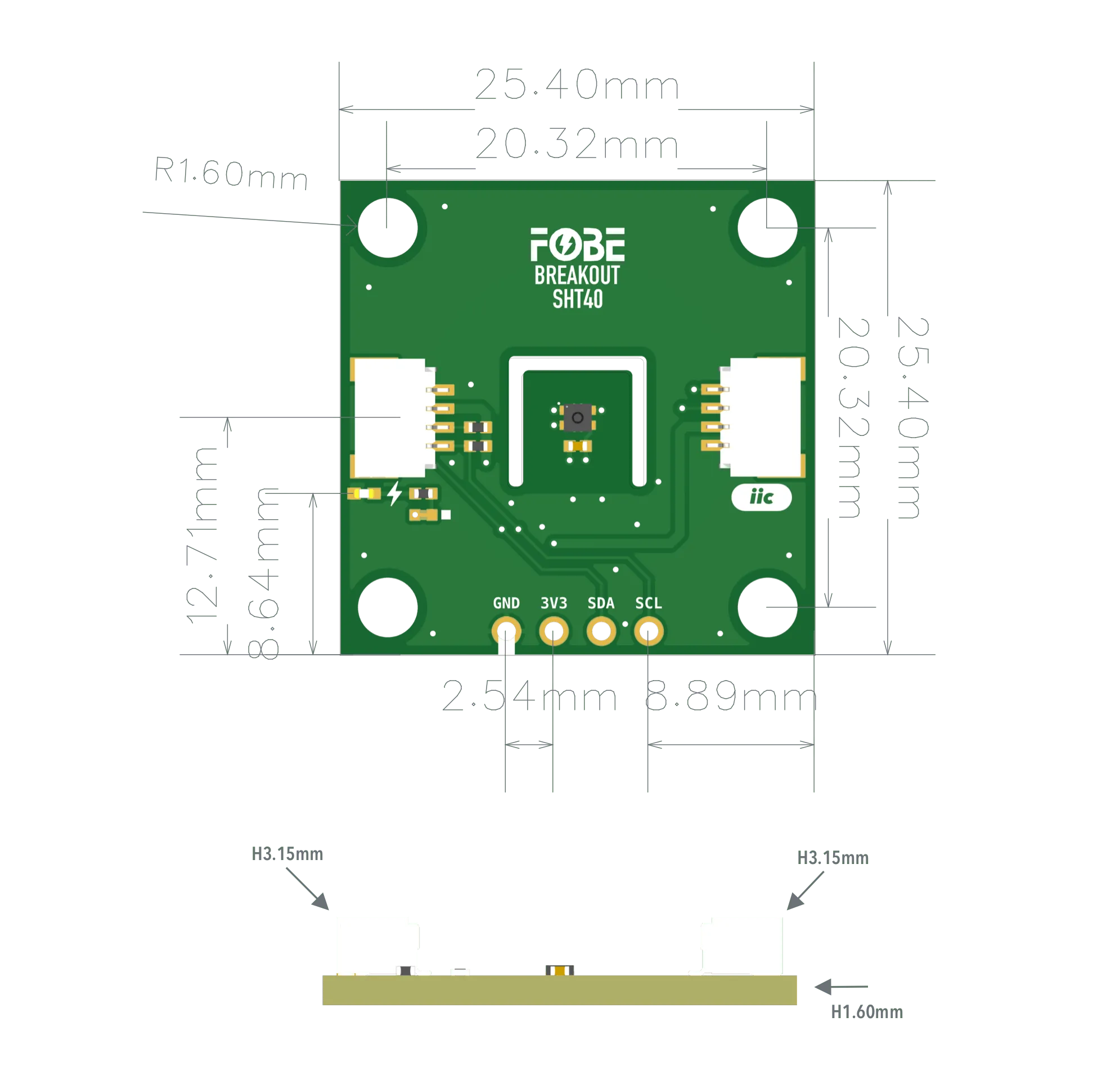 FoBE Breakout SHT40 Mechanical Dimensions