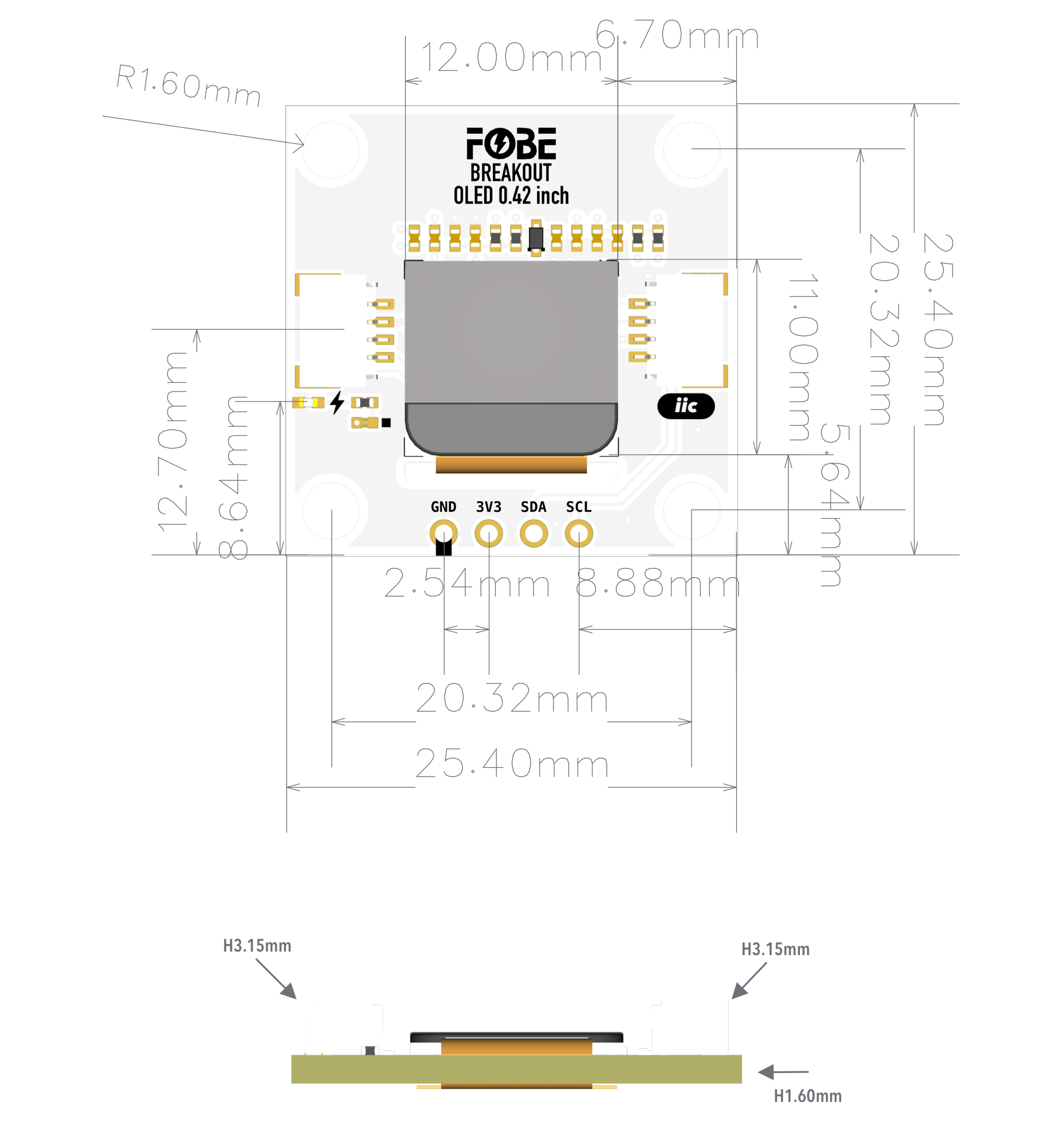 FoBE Breakout OLED 0.42 inch Mechanical Dimensions