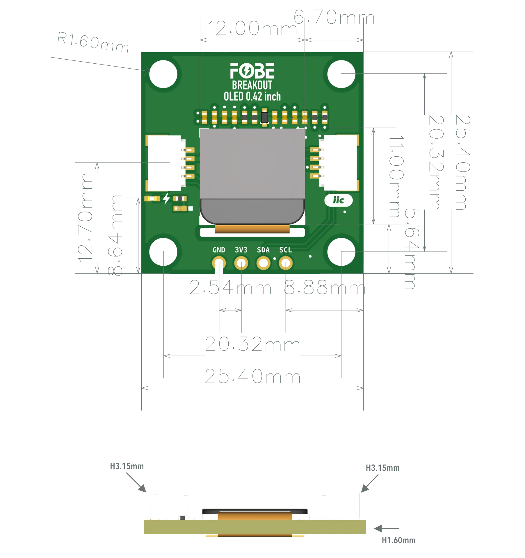 FoBE Breakout OLED 0.42 inch Mechanical Dimensions