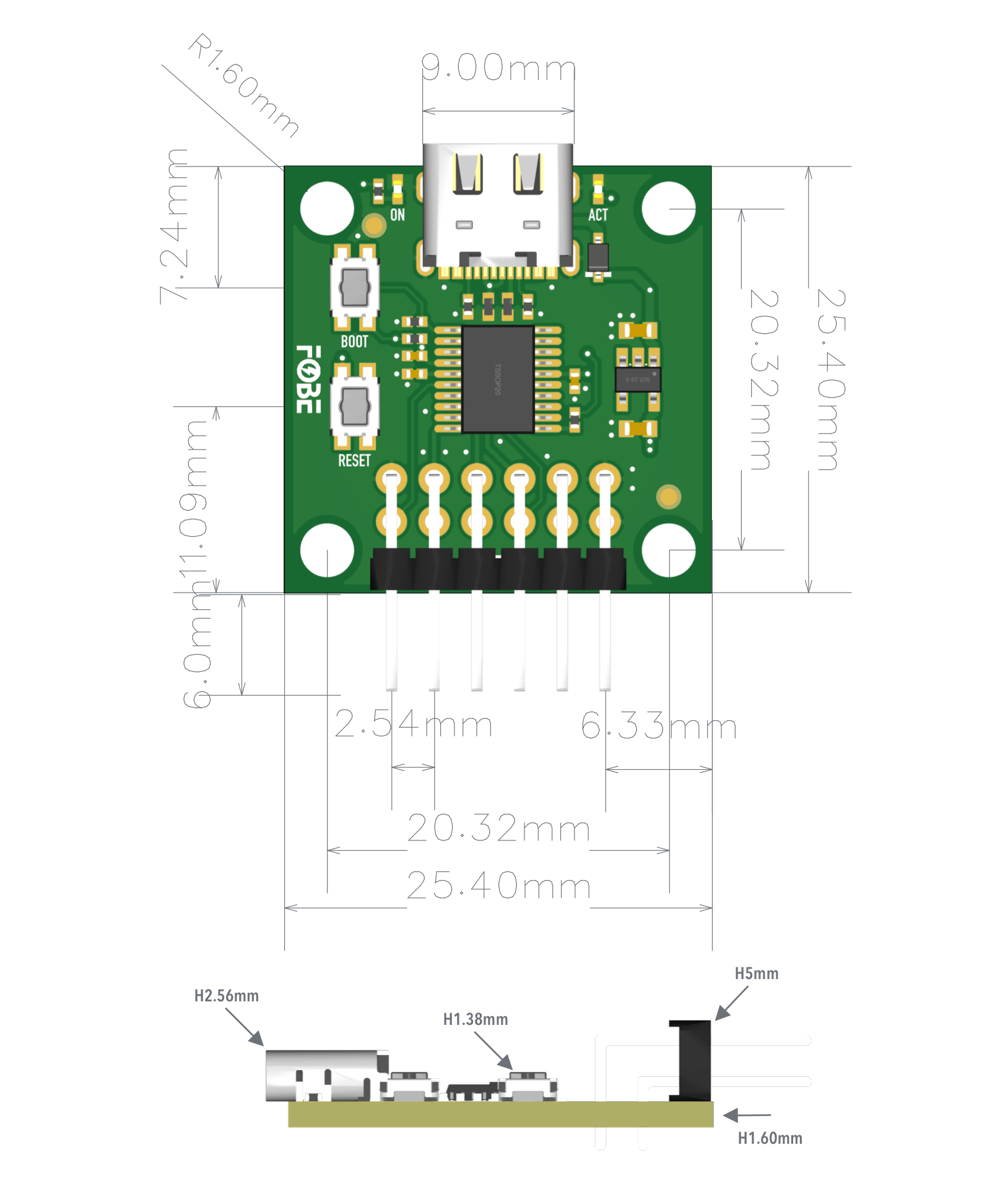 FoBE Breakout CMSIS-DAP Lite Mechanical Dimensions